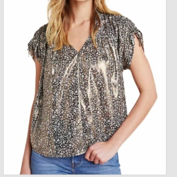Anthropologie Metallic Top Womens Medium Gold Short Sleeve V-Neck Floral Blouse - Picture 8 of 9